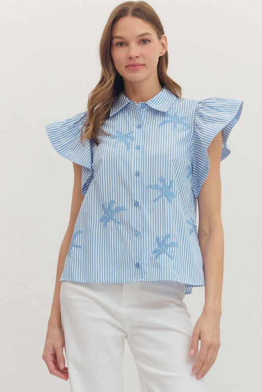 Striped Short Flutter Sleeve Top