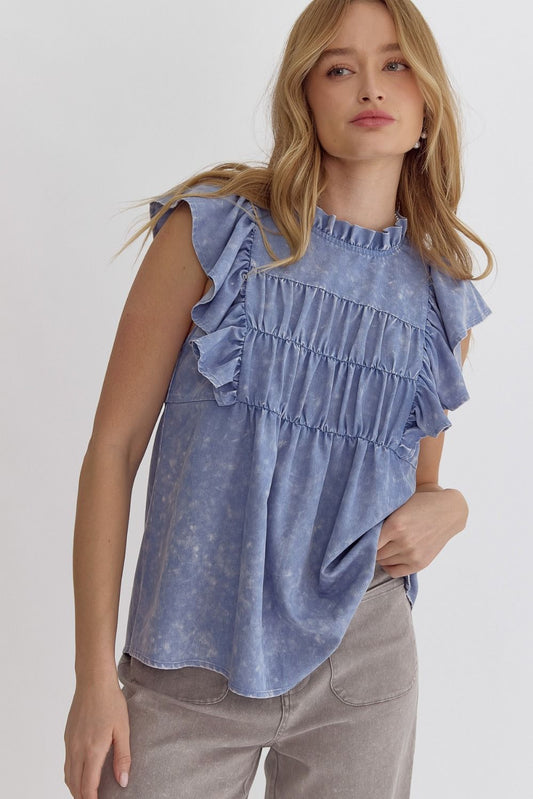 Acid Wash Ruffle Sleeve High Neck Top