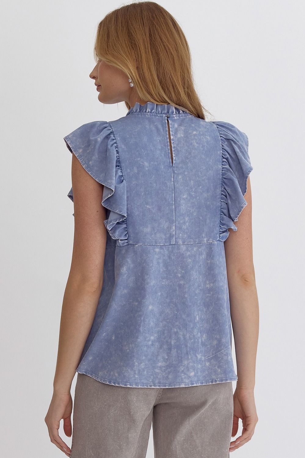 Acid Wash Ruffle Sleeve High Neck Top