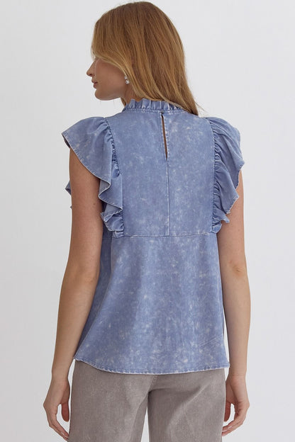 Acid Wash Ruffle Sleeve High Neck Top