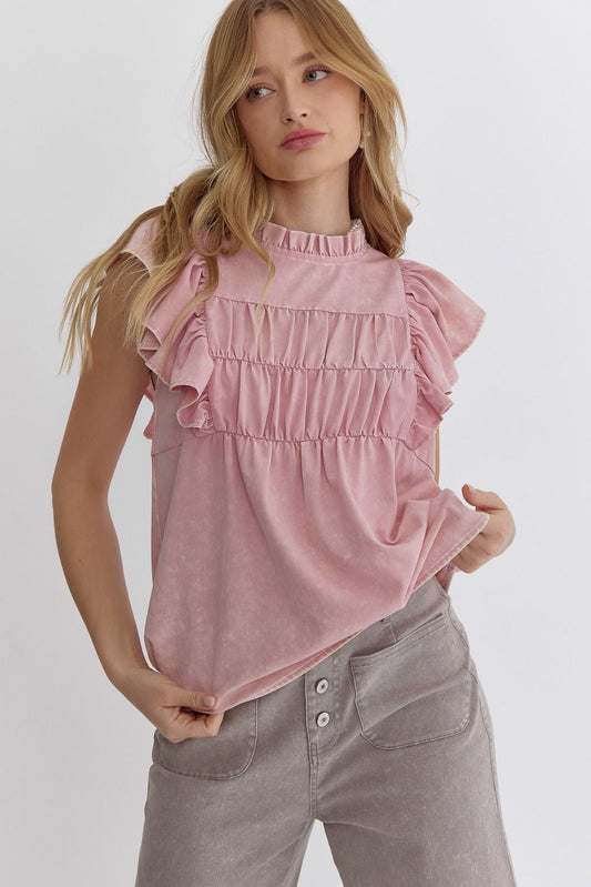 Acid Wash Ruffle Sleeve High Neck Top