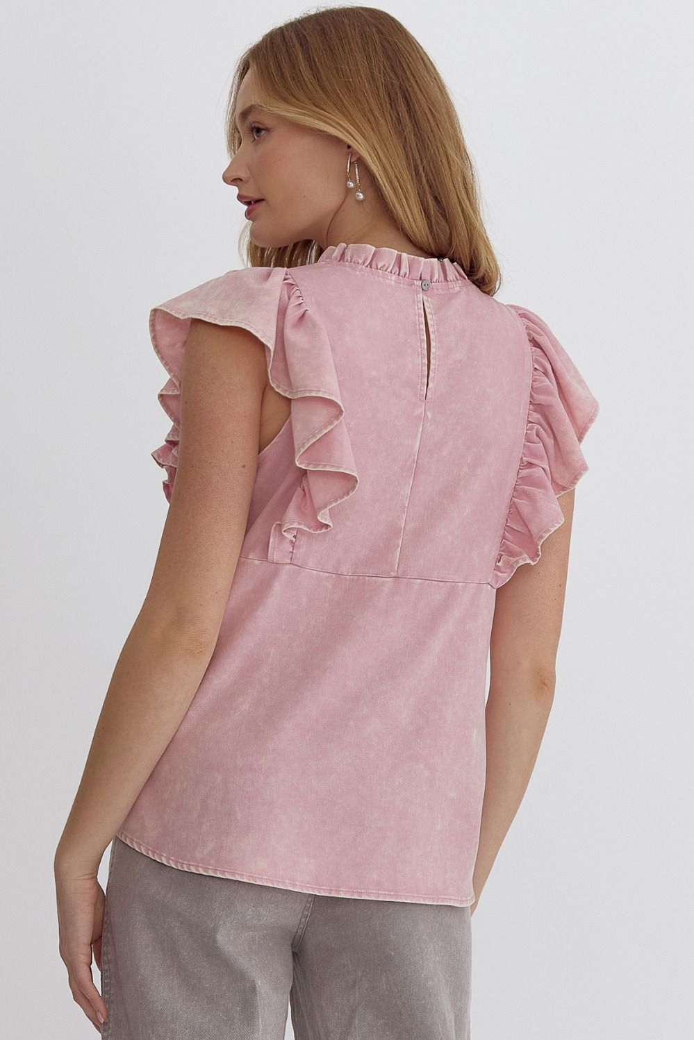 Acid Wash Ruffle Sleeve High Neck Top